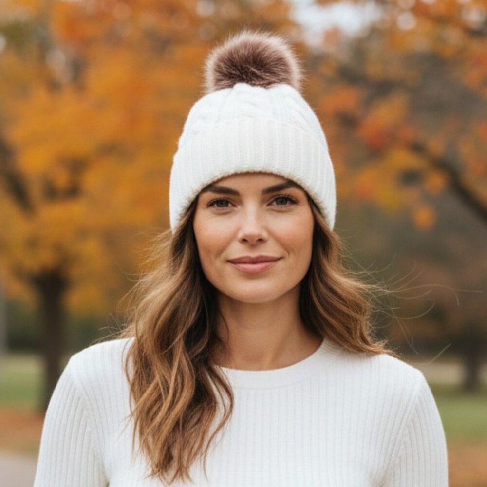 2/$30 White Cable-Knit Beanie Hat with Pom-Pom Autumn Winter Women Men Unisex